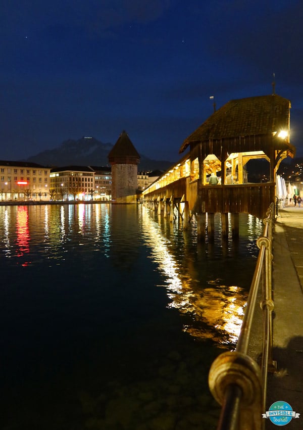 Chapel Bridge at Night in Lucerne, Switzerland